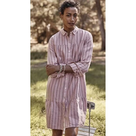 J JILL Linen Dress Tiered Striped Long Sleeves Button Down Lagenlook Pink Small - Picture 1 of 14